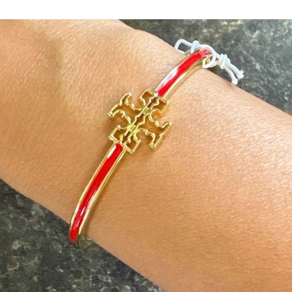 Tory Burch Miller Enamel Cuff Bracelet Red Gold Tone Double T Logo New